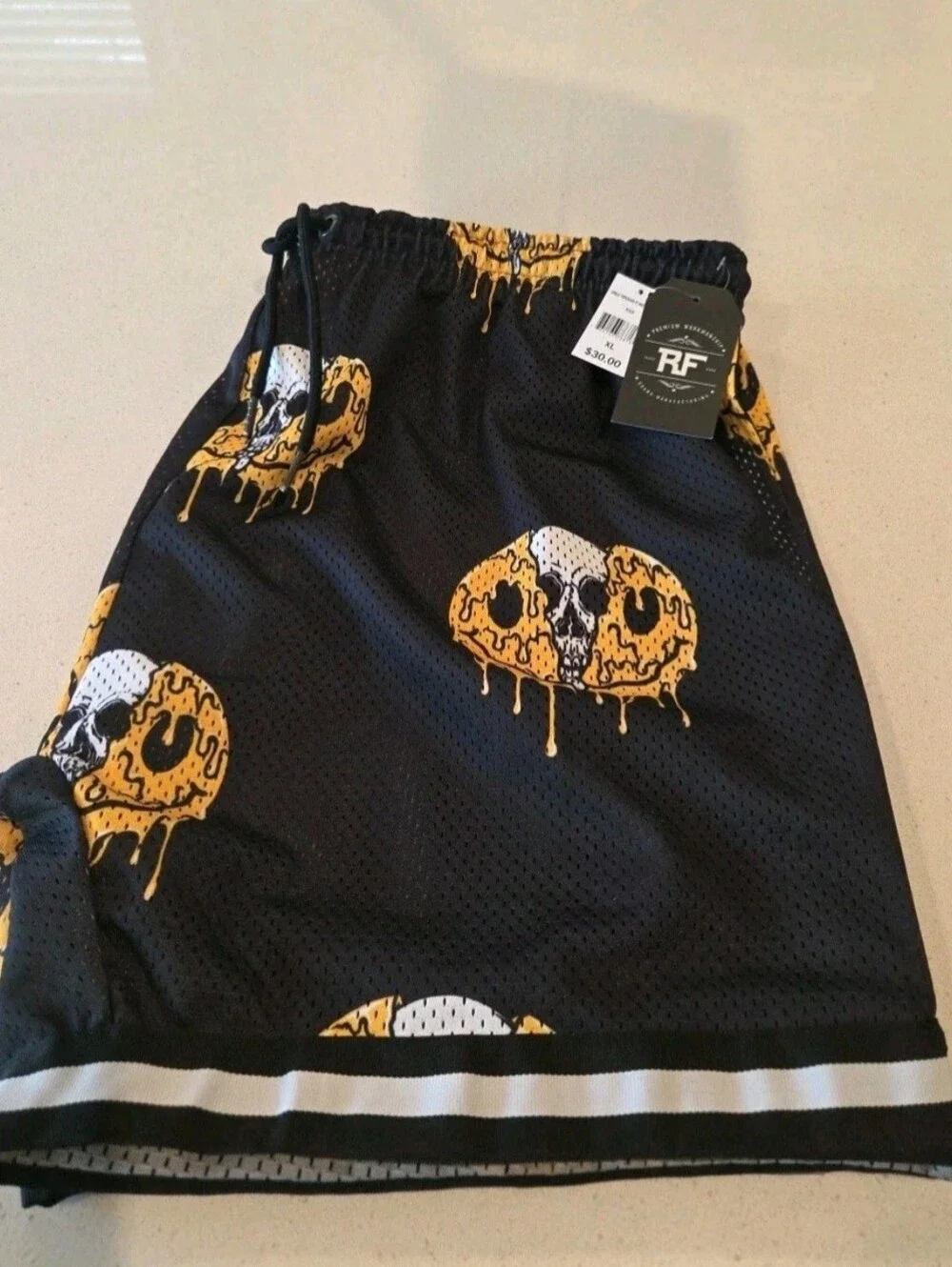 Mens Black Mesh Shorts with Yellow Drip Skull Print XL